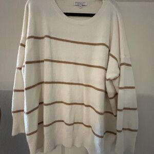Chic Soul Cream and Tan Striped Crew Neck Top